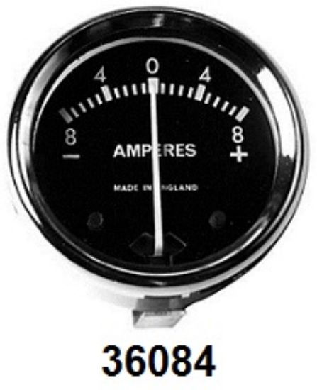 Picture of Ammeter : 6 volt : 8 - 0 - 8 : Black faced : 1.75 inch diameter : Made in England