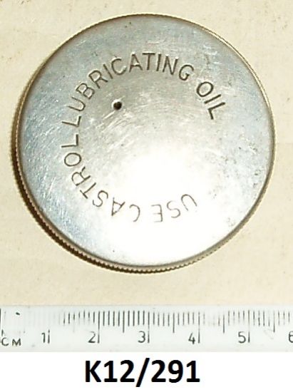 Picture of Oil tank cap : Marked (USE CASTROL LUBRICATING OIL) : Worn chrome